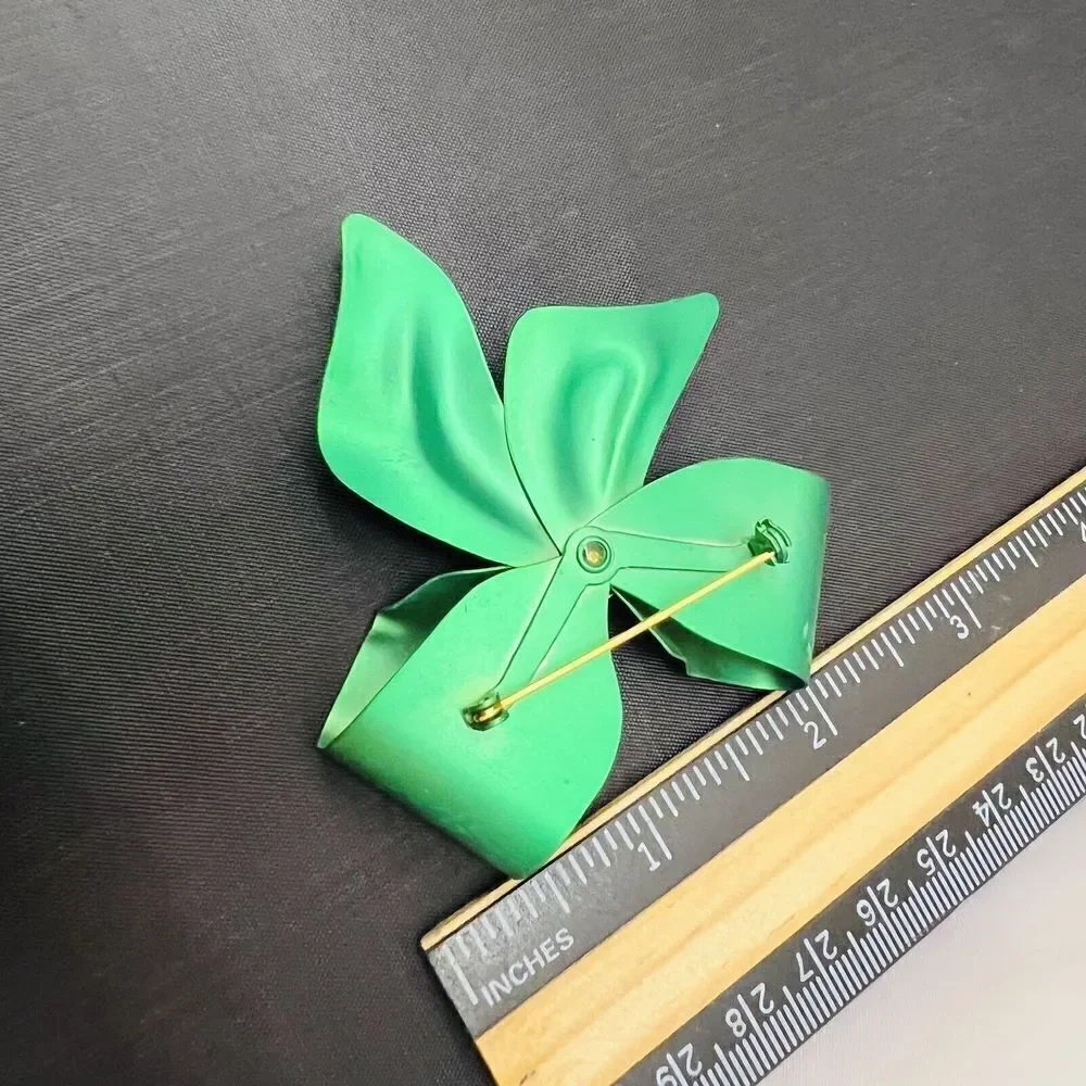 Vintage Green Metalic Satin Bow Ribbon Brooch Crystal Accent Large Matte 1045